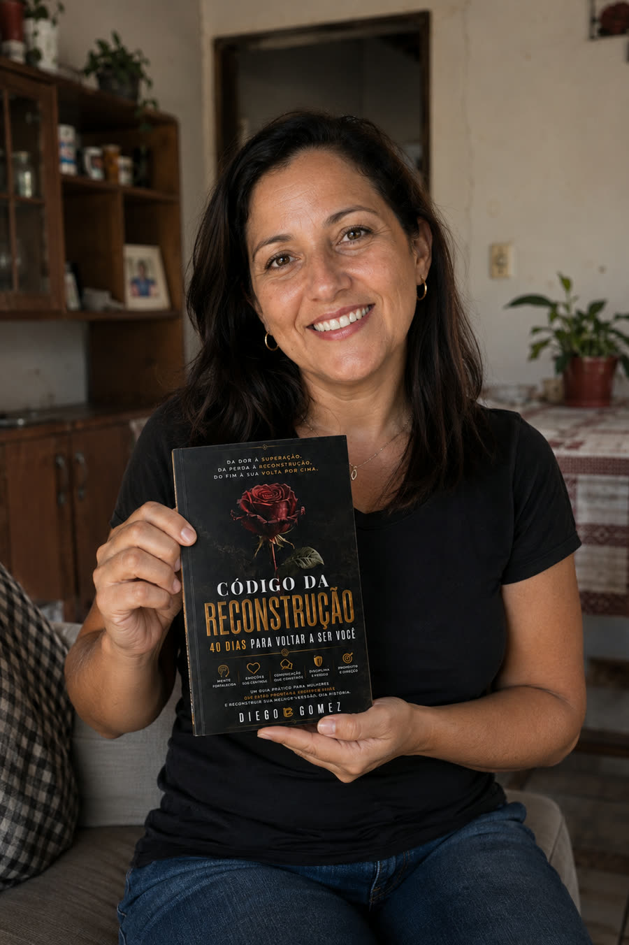 Camila Torres segurando o livro Código da Reconstrução